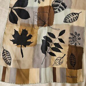 Halston Vintage Silk Chiffon sheer blue, brown, cream patterned Scarf, 12"x56"